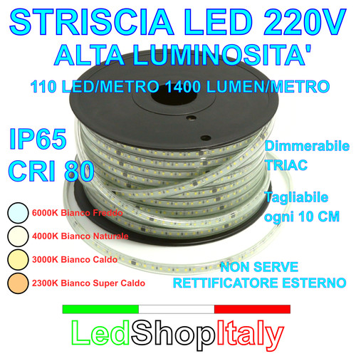 Striscia led bianca 220v 12w - 220v, 12w/m